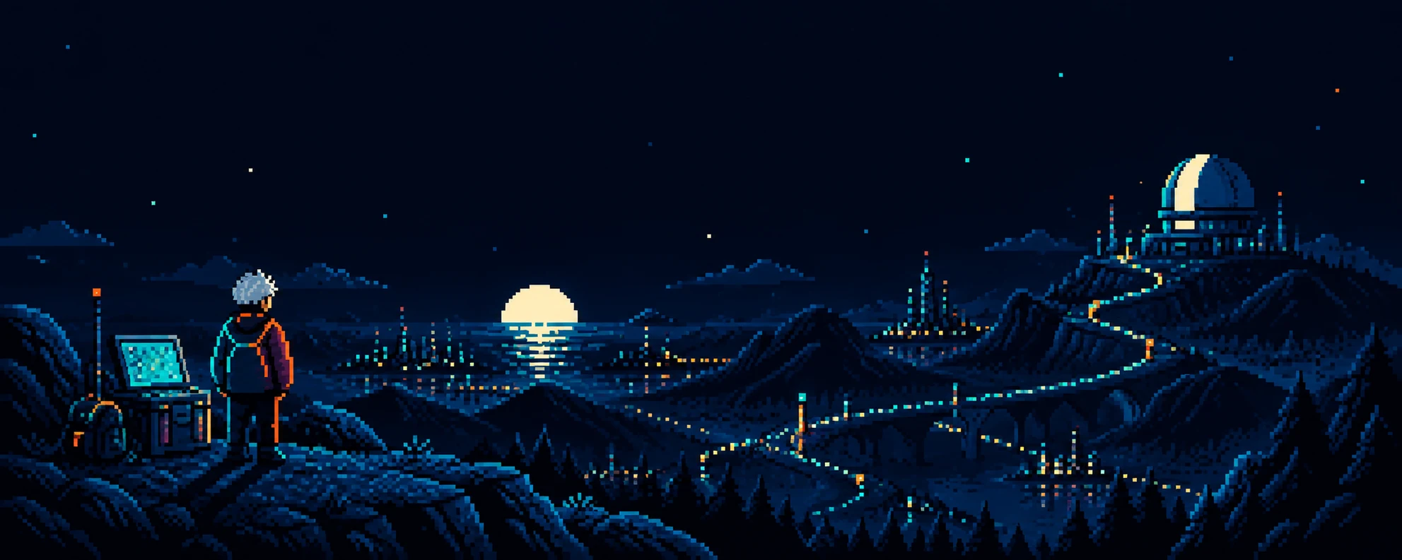 A silver-haired Hunter beside a glowing computer, looking along a mountain path toward a distant observatory.