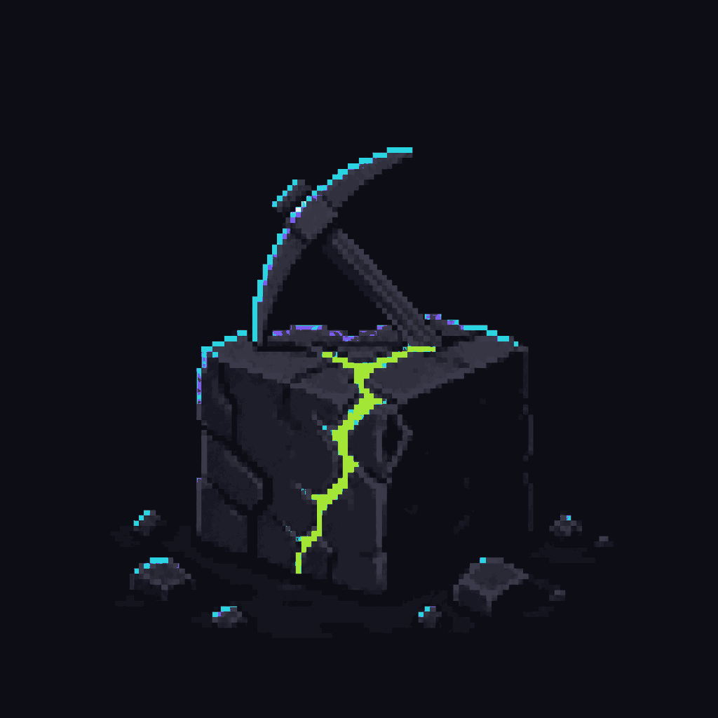 A mining pick struck into dark stone, with a glowing crack running through it.